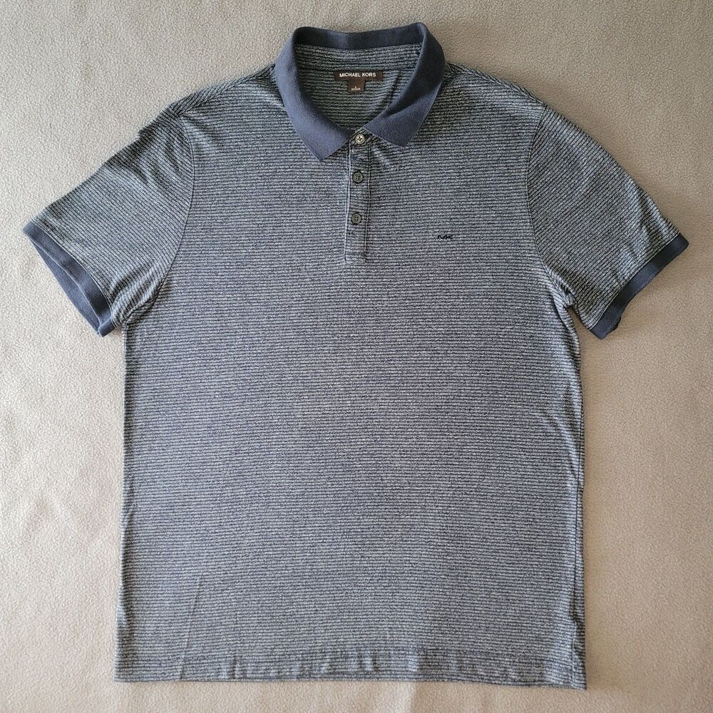 Michael Kors Polo Shirt Mens Large L Gray Blue Striped Short Sleeve MK Logo Top